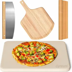 4 PCS Rectangle 15" Large Pizza Stone Set for Oven and Grill with OAK Pizza Peel, Pizza Cutter & 10pcs Free Cooking Paper, Baking Stone for Pizza Bread BBQ