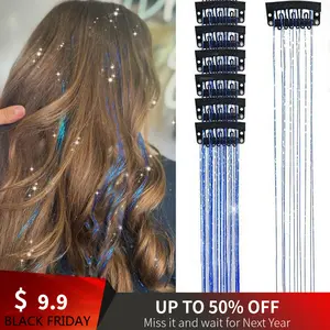Hair Tinsel 20 Inch Sapphire Blue Glitter Tinsel Hair Extensions, Festival Tinsel Fairy Hair Extension Party Dazzle Hair Accessories Strands Kit (6Pcs,Sapphire Blue#) hair halloween cosplay prop