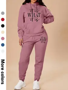 Women's Letter Print Hooded Sportswear Set, Casual Hoodie with Pockets and Sweatpants, Perfect for Fall Fashion, Casual Workout Loungewear