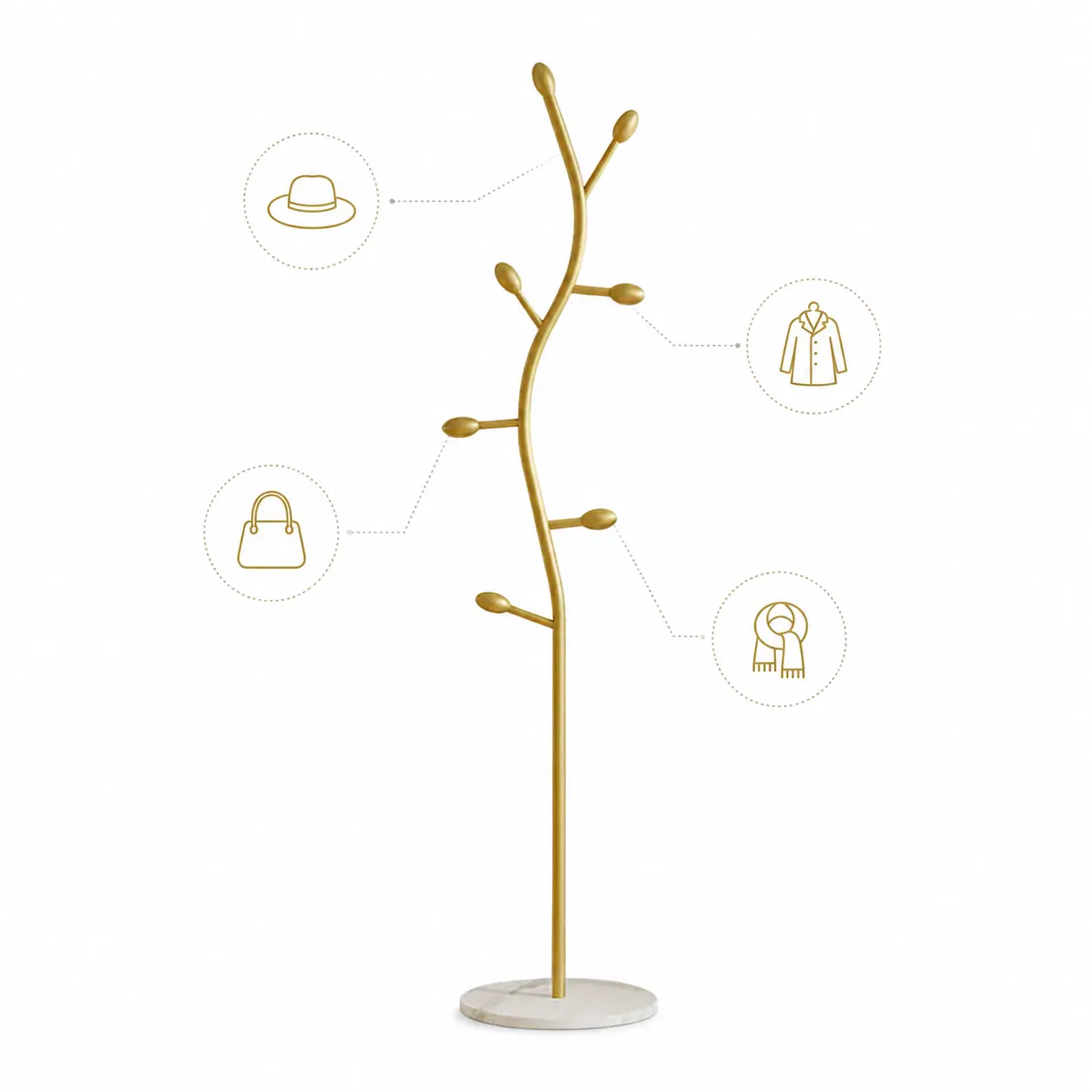 Freestanding Gold Coat Rack with Natural Marble Base, Sturdy Metal Hall Tree Stand for Hats Scarves Bags Jackets, Modern Clothing Rack for Entryway Bedroom Living Room