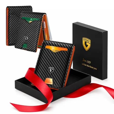GSOIAX Slim RFID Protected Men's Leather Bifold Wallet - Front Pocket, Carbon Fiber Money Clip, Leather Bifold Cardholder, Gift Box Included, Unique Cool Guys Gifts for Man