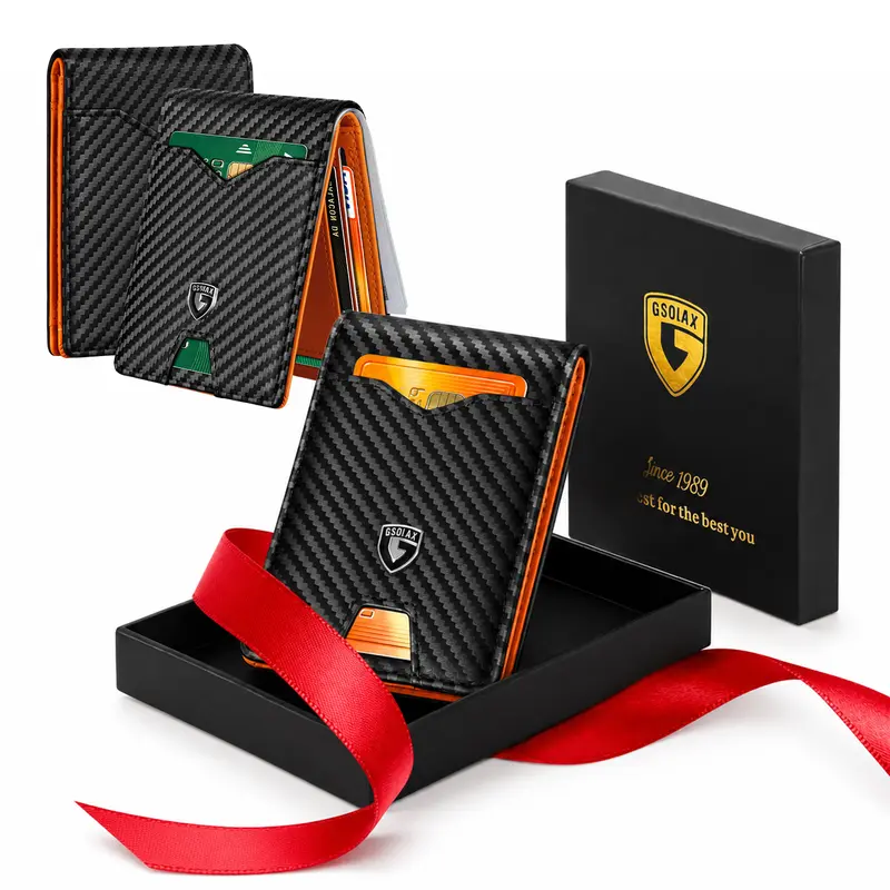 GSOIAX Slim RFID Protected Men's Leather Bifold Wallet - Front Pocket, Carbon Fiber Money Clip, Leather Bifold Cardholder, Gift Box Included, Unique Cool Guys Gifts for Man