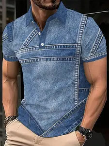 Men's Short Sleeve Shirt, 3D Digital Print, Blue Denim Stacked Texture, Casual Lapel Collar, Perfect Gift for Dates and Beach Vacations