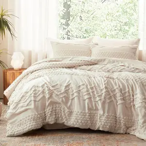 Beige Tufted Comforter Set  Size 3 count Boho Shabby Chic Comforter Farmhouse Embroidery Bedding Set Soft Comforter for All Seasons (Beige, 90''x90'')