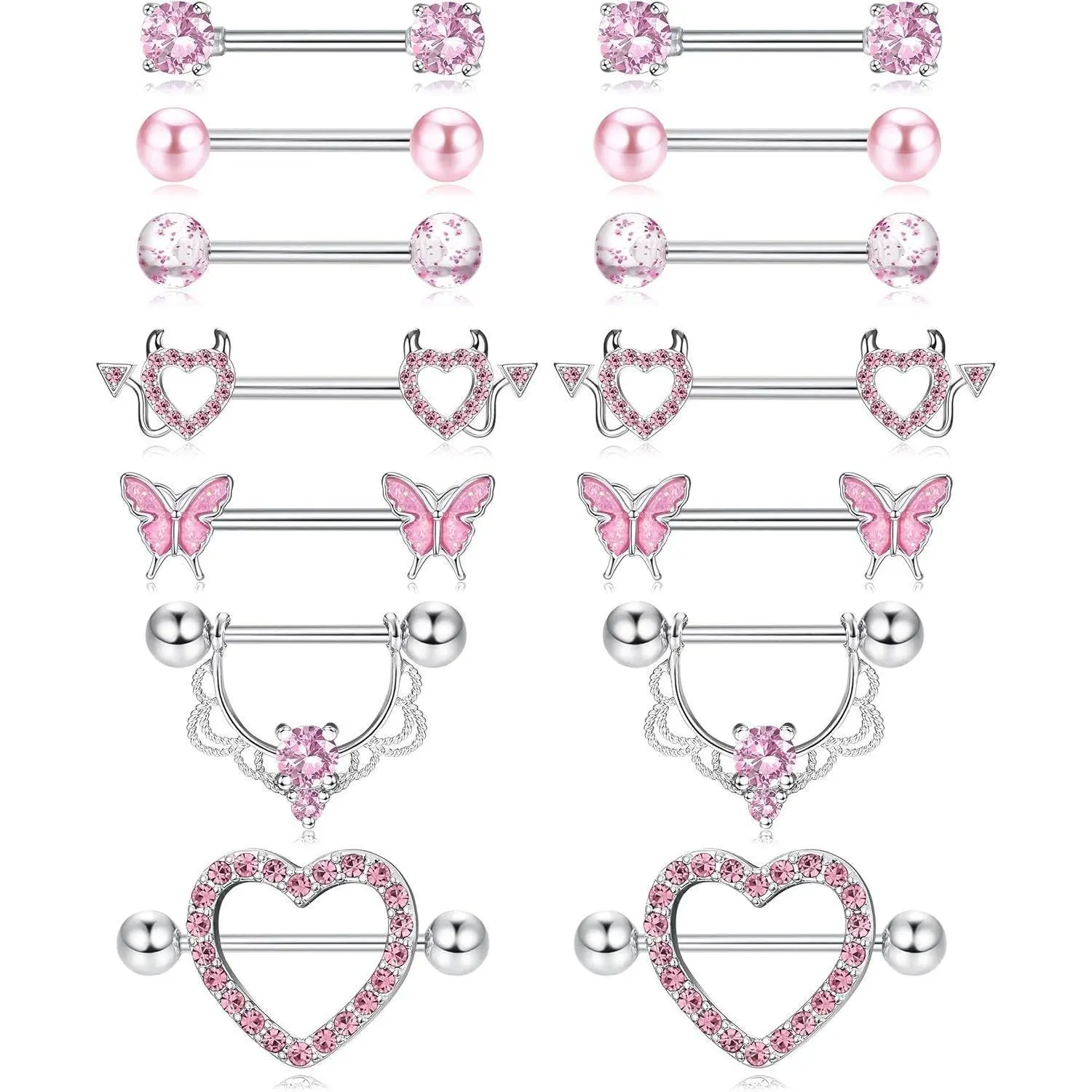 Fansilver 14G Women's Hypoallergenic Surgical Stainless Steel Nipple Rings - CZ Heart, Butterfly Barbells, Versatile Casual Party Body Jewelry Accessories for Women with Sensitive Skin