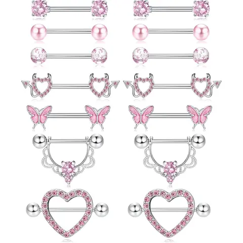Fansilver 14G Women's Hypoallergenic Surgical Stainless Steel Nipple Rings - CZ Heart, Butterfly Barbells, Versatile Casual Party Body Jewelry Accessories for Women with Sensitive Skin