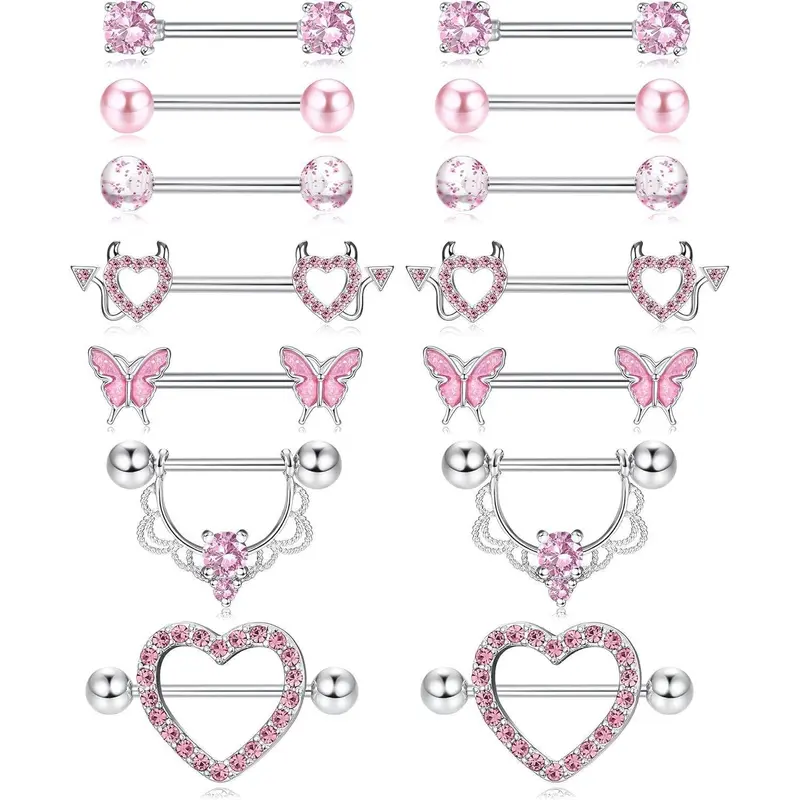 Fansilver 14G Women's Hypoallergenic Surgical Stainless Steel Nipple Rings - CZ Heart, Butterfly Barbells, Versatile Casual Party Body Jewelry Accessories for Women with Sensitive Skin