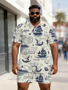 Men's Vintage Nautical Hand-Drawn Print Waffle Texture Polo Set, Large Size Zipper Top, Summer Casual Beach Wear, Loose-Fitting Blouse