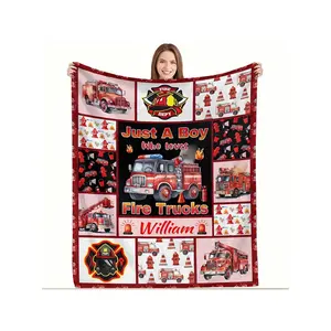 Personalized Just A Boy Who Loves Fire Trucks Soft Cozy Flannel Throw Blanket, Custom Name Red Firefighter Fire Truck Themed Warm Blanket for Boys