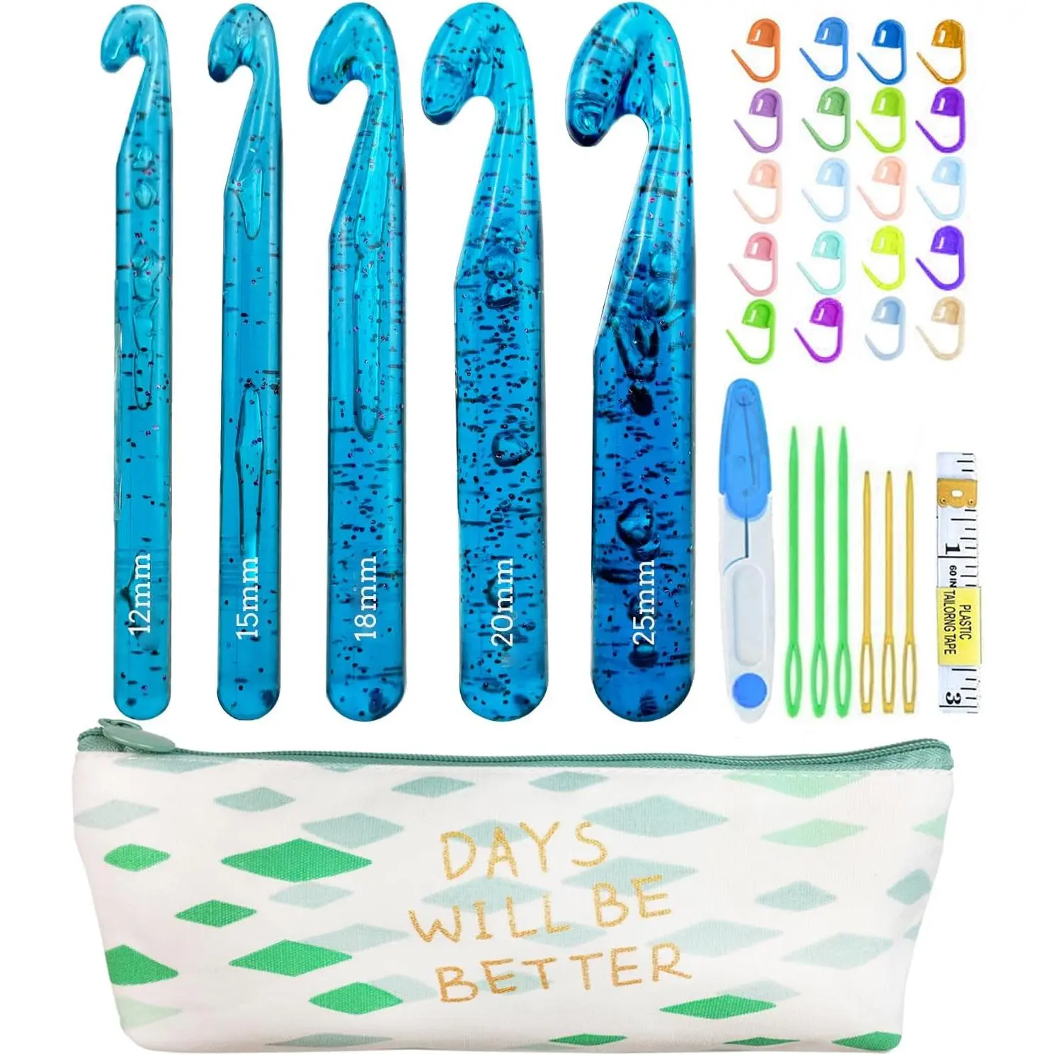 5 Large Crochet Hook,25mm 20mm 18mm 15mm 12mm Size Crochet Hooks, Large Crochet Hook for Chunky Yarn,24PCS Big Crochet Hooks 10mm-25mm Crochet  with Case (Blue)