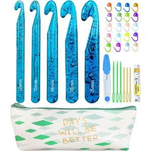 5 Large Crochet Hook,25mm 20mm 18mm 15mm 12mm Size Crochet Hooks, Large Crochet Hook for Chunky Yarn,24PCS Big Crochet Hooks 10mm-25mm Crochet  with Case (Blue)