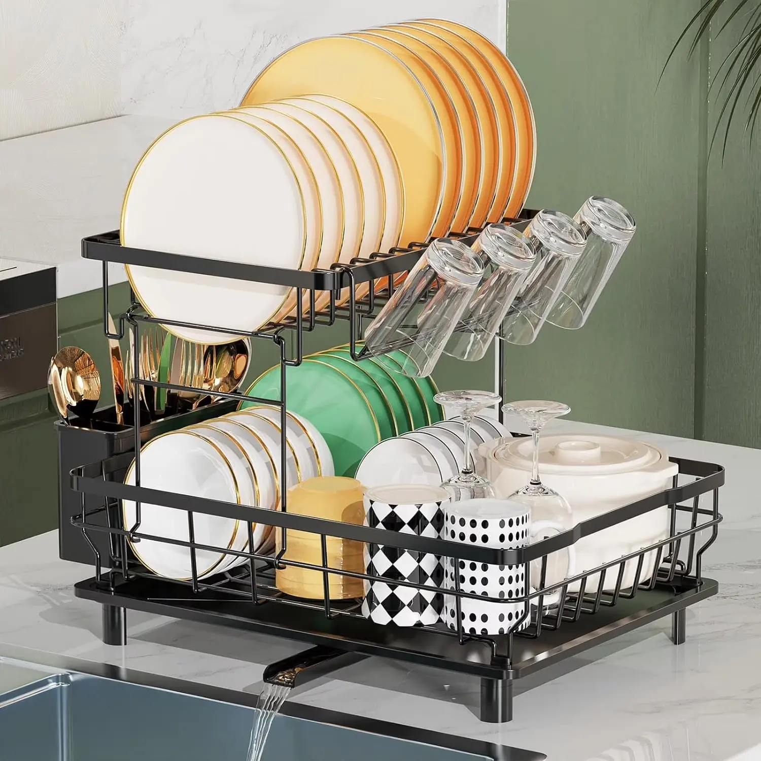 Large Dish Drying Rack For KitchenCounter,Detachable Large Capacity Dish DrainerOrganizer With Utensil Holder,2-Tier Dish DryingRack With Drain Board,Black