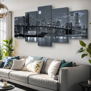 New York Brooklyn Bridge Moon Canvas Wall Art Night View 5 Panels Modern Landscape Artwork Canvas Prints Abstract Pictures to Photo Canvas Wall Decor for Home & Office Decorations artistic photo Gift Poster Gift Poster