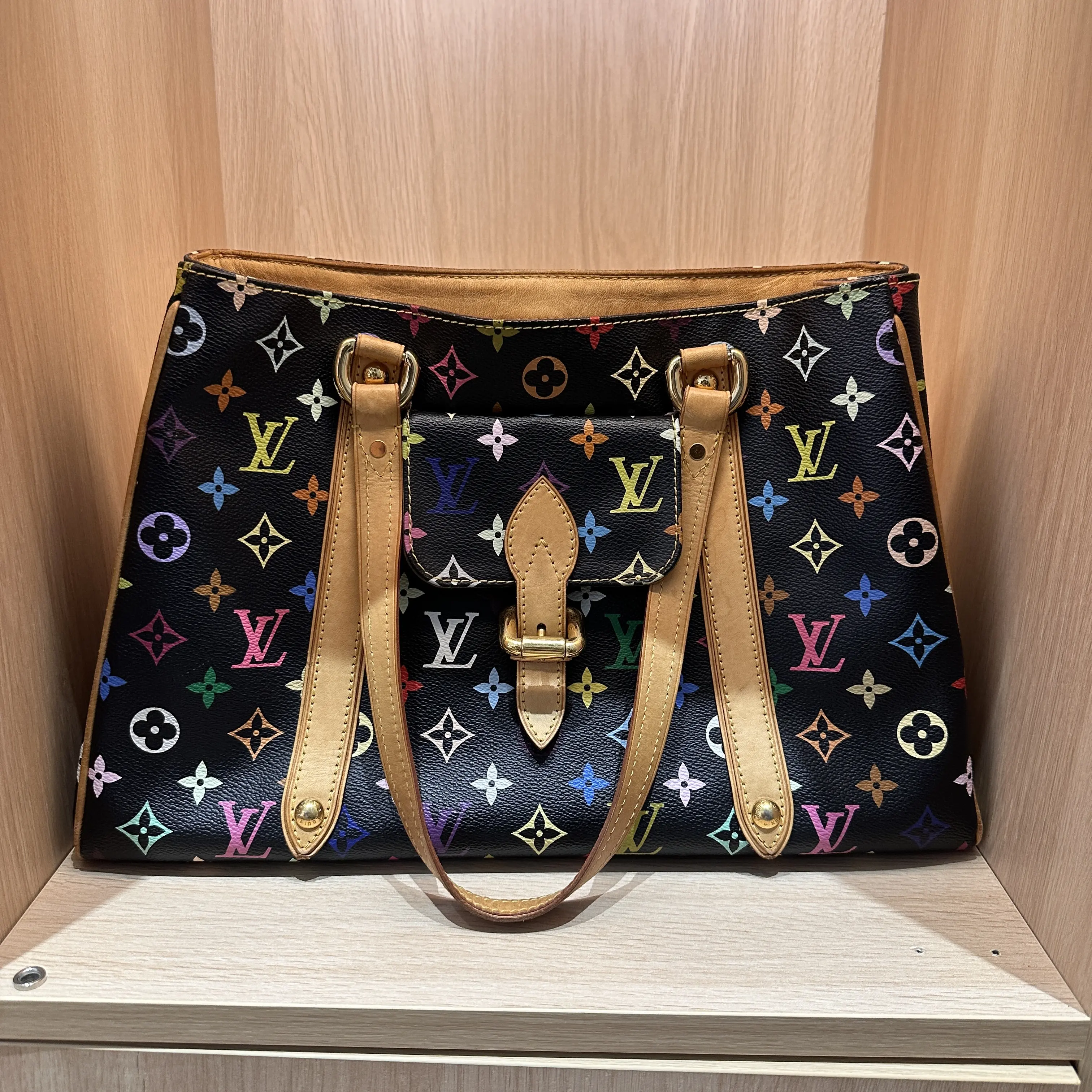Pre-owned Louis Vuitton LV x Takashi Murakami Black Multicolor Monogram Leather Aurelia MM Tote Bag, Pre Loved Shoulder Bag