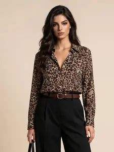 Women's Summer Leopard Print Shirt, Long Sleeve Collared Button Down, Loose Fit Flowy Blouse, Casual Office Date Wear