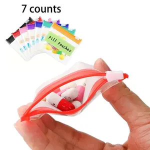 7 Pcs Portable Clear Zipper Sealed Lock Pill Organizer, Reusable Translucent Medicine Organizer Sealing with Slide Lock Writable Label, Plastic Self Sealing Travel Medicine Organizer
