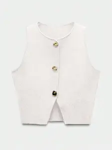 Women's French Vintage Knitted Vest, Metal Buckle Hem Split Short Top, Casual Daily Layered Waistcoat for Commuting