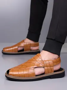 Men's Genuine Leather Roman Sandals, All-Day Comfort Non-Slip Footwear, Flexible Breathable Crocodile Pattern Shoes