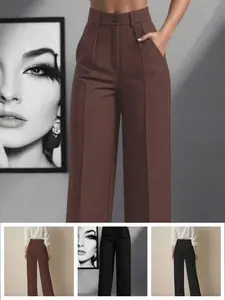 Spring Autumn New Solid Color High Waist Pleated Loose Casual Pants, Women's Fashionable Comfortable Trousers for Daily Wear