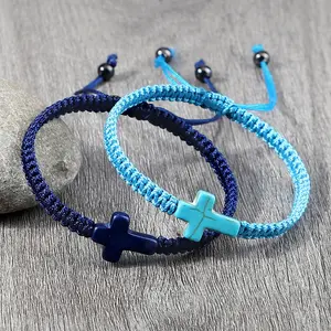 Natural Stone Crucifix Braided Bracelet Adjustable Rope Handmade Bracelets & Bangles Fashion Charm Cross Men Women Jewelry Gifts