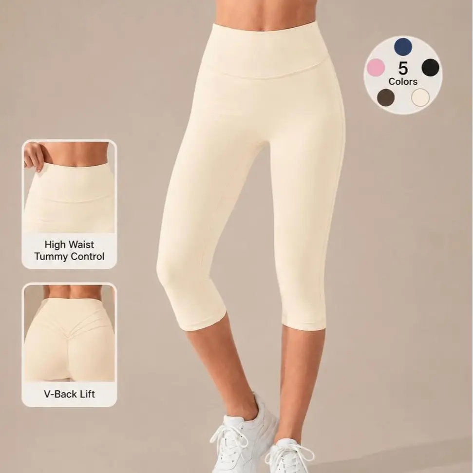 Women High Waist Capri Yoga Leggings V Back Lift No Front Seam Soft 4 Way Stretch Tummy Control Cropped Workout Pants football