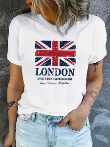 Summer Women's Loose Round Neck Everyday T-Shirt, London British Flag Print Vintage Style Short Sleeve Top, Casual Fitted Graphic Tee
