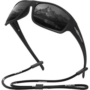Good osierds Polarized Sports Sunglasses for Men, Wrap Around Sun Glasses UV Protection for Cycling Fishing Driving, with Adjustable Neck Strap Lanyard, UV400 Anti-Glare Shades for Summer Boating Motorcycle Riding