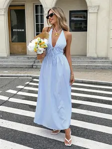 ARTYOTI New Summer Blue And White Striped Halter Dress For Women, Casual Holiday Style, Slim Waist A-Line Slim Maxi Dress,Elegant Women Summer Clothing,Dresses For Women Summer,Boho Clothes Women Party Chic Beach