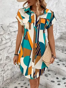 DUNEA Women's Chic Geometric Print Shirt Dress, V-Neck Button Front Short Sleeve Collared Dress, Ladies Clothes for Daily Wear, Casual Dress for Summer, Effortless Everyday Style, Casual Wear, Comfy Dress, Vacation Dress, Regular Elegant