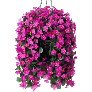 Artificial Fake Hanging Flowers Plants Baskets for Outdoor Spring Decoration, Faux Silk Fuchsia Trailing Orchid UV Resistant for Home Outside Porch Garden Yard Patio Decor