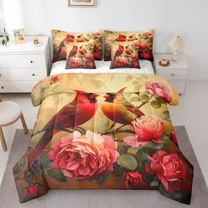 Feelyou 7-Piece Multi-Size Cardinal Microfiber Bedding Set - Ultra Soft, Breathable, Comfy Bed Set with Red Rose Fitted Sheet & Wild Animal Bird Sheets, Breathable Bedding Set