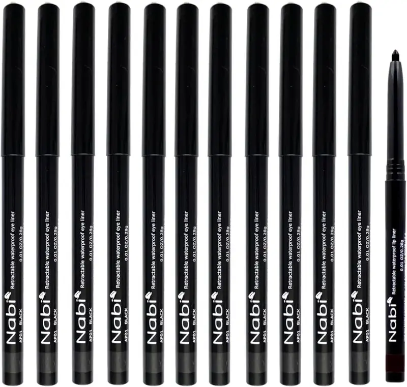 12 PCS Nabi Retractable Waterproof Black Eyeliner Pencils - Pack of 12, Precise Lines, Easy Storage, Versatile Makeup Tool Lipliner Makeup Pack Storage Cosmetic