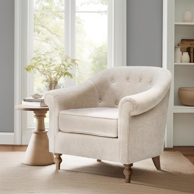 Martha Stewart MT100-1190 Fayette Tufted Solid Wood Armchair - 35x30x31.5in Cream Durable Indoor Farmhouse Accent Chair, Button Tufted, Removable Seat, Rolled Arms, Glide KD Legs, 48.4 lbs, Classic Country Style, Earthtone Aesthetic, Assembly Required