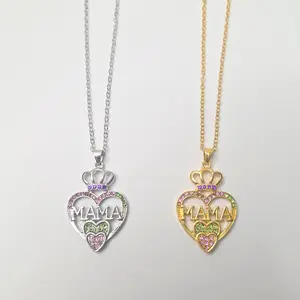 #435 "Mama" Heart & Crown with Multiple Color Rhinestones 18 inch with 2 inch Extender Necklace, Casual Mom Mother's Day Jewelry