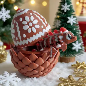 3D Printed Cute Gingerbread Dragon + Egg Model, Plastic Desktop Decoration Sculpture, Festive Gift, Adorable Desk Ornament