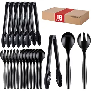 18Pcs 10'' Plastic Serving Utensils Set, Disposable Serving Spoons for Buffet, Large Serving Tongs for Food, Heavy Duty Party Supplies for Salad Soup Cooking Catering (Black)