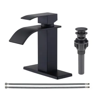 WOWOW Black Stainless Steel Laminar Flow Bathroom Faucet, Waterfall Spout Single Handle Mixer Tap, Lavatory Vanity Faucet with Deck Plate and Lift-Up Drain, Fits 1 or 3 Holes, Laminar Flow Faucet, Stainless Steel Faucet