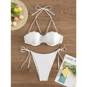 Sexy Pearls Strap Bikini Set Women White Push Up Underwire Tie Side Thong Swimsuit Summer Bathing Suit Swimwear Biquini Glossy Halter Tie Bikini Set