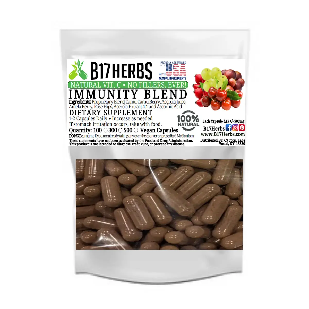 Immune Support Veggie Capsules | Camu Camu | Acerola Juice | Amla | Vit. C - 100 Vegan Caps.