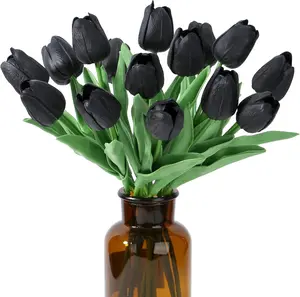 15pcs Black Tulips Fake Artificial Flowers Real Touch 14" PU Flower for Home Decor Easter Spring Wedding Bouquet Decorations Mother's Gift Day Floral Arrangements