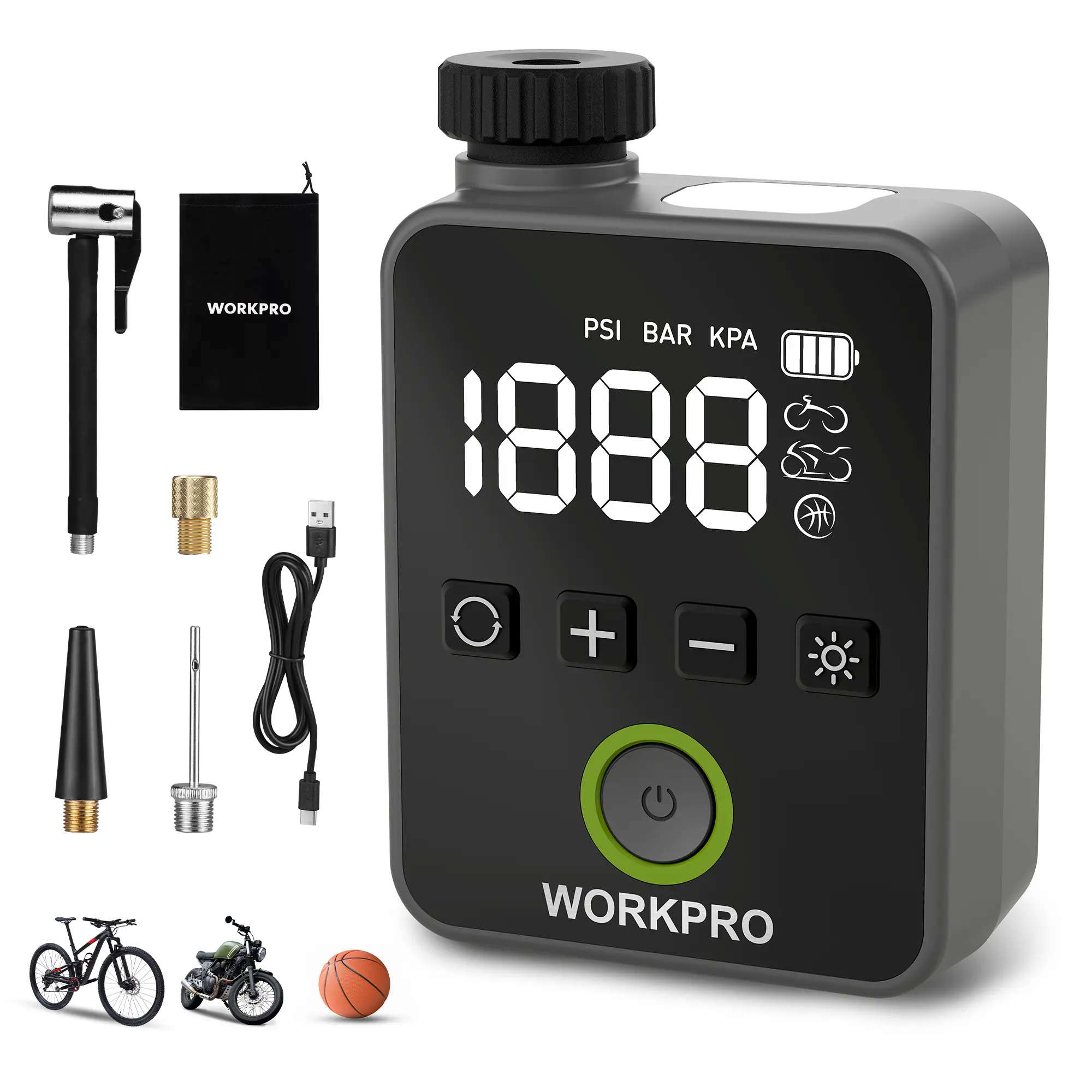 #summersale WORKPRO Mini Electric Bike Pump, 140 PSI Portable Bicycle Tire Pump with Gauge, Digital Display, Auto Shut-Off, 3 Modes, LED Light, Fast Inflate Bike Tire Pump for Motorcycle, Bicycle, Balls