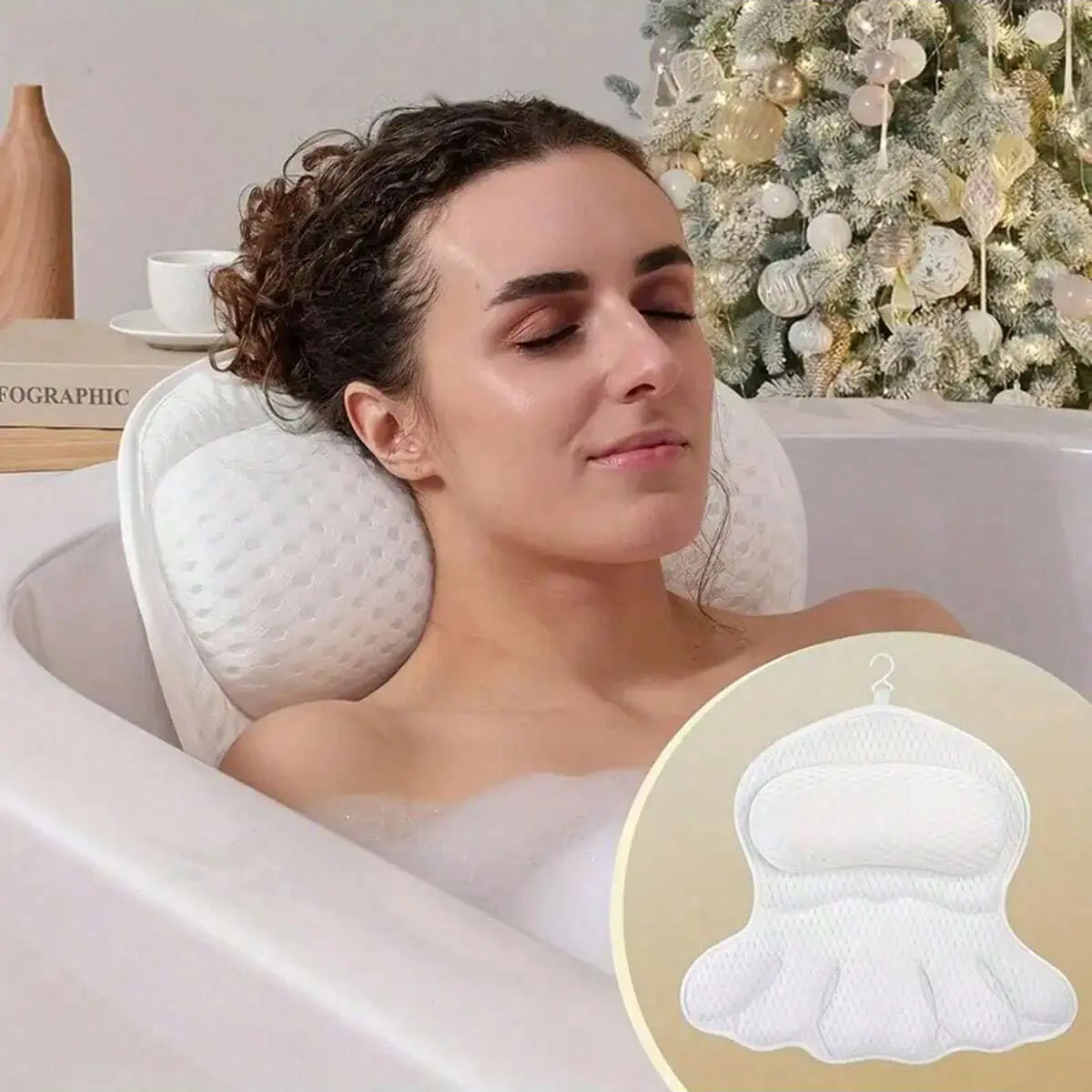 Wave Shape Bath Pillow with 6 Non-Slip Suction Cups, Ergonomic Neck and Back Support, Quick Dry Polyester, Valentine's Gift, Bath Tub Accessories, Bathroom Accessories