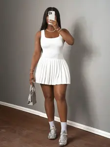 Women's Plain Solid Square Neck Skater Dress White Polyester Comfy Fabric Short Dress for Summer Casual Outdoor Wear