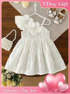 CuBaby Girl Summer Dress, Baby Girl Clothes, White Flower Princess Style, Baby Girl White Folded Strap Skirt, 3D Large Flower+Flying Sleeve Design, Valentine's Day Gift, Baby Girl Birthday Gift, Suitable for Baby Girl Centenary Banquet