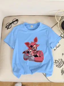 Summer New Style Children's Clothing, For Boys And Girls. Five Nights At Freddy's Fnaf Foxy Cartoon Print Fun Graphic Tees. Casual, Fashionable And Comfortable Short-Sleeved T-Shirt Top. Perfect For Daily Wear And Versatile.