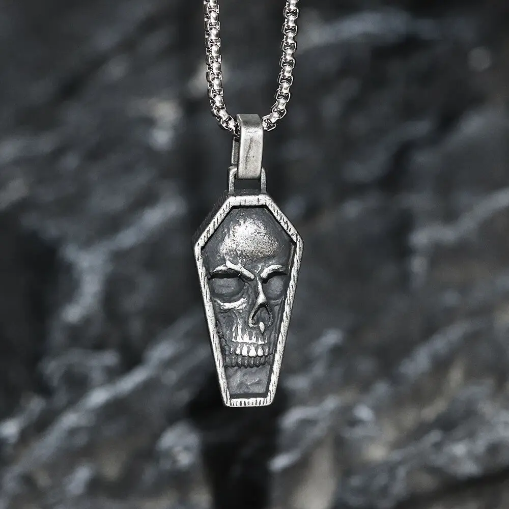 GTHIC Stainless Steel Skull Coffin Design Gothic Necklace Pendant, Punk Jewelry Gift for Men and Women