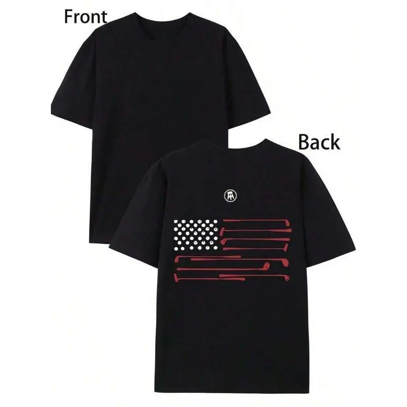 Oversize [Sporty T-Shirt]"Barstool Golf"Print T-Shirt, Round Neck, Short Sleeve, Casual Golf-Themed Tee With American Flag & Golf Club Design, Casual