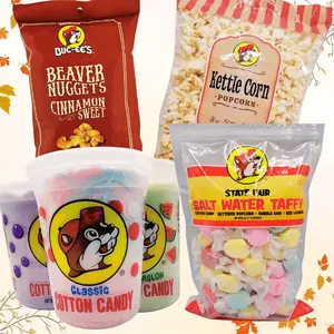 Buc-ee's 4 Piece Fall Snack Bundle with State Fair Taffy, Cinnamon Sweet Beaver Nuggets, Cotton Candy 3 Pack and Kettle Corn Popcorn - Texas Gift with Free Reusable Grocery Tote Bag candy pack Bonbon