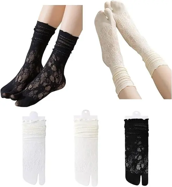3 Pairs Lace Sexy Socks Women Split Two Toe Socks Japanese Toes Separated Sock Ruffle Frilly Sports Casual Sock for Men Women Unisex