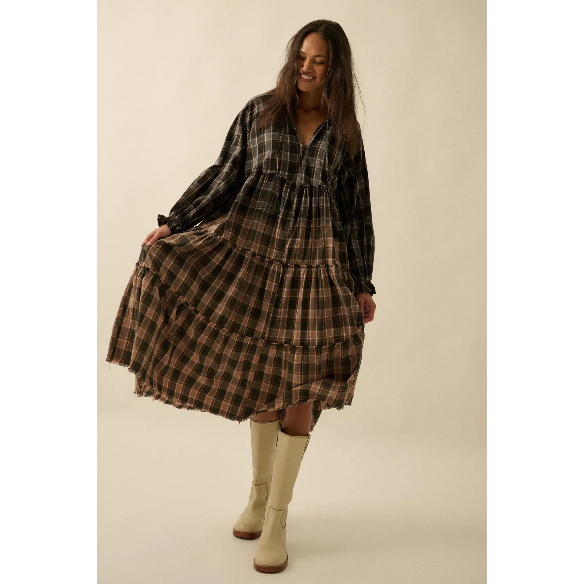 Truly Tartan Tiered Plaid Midi Prairie Dress